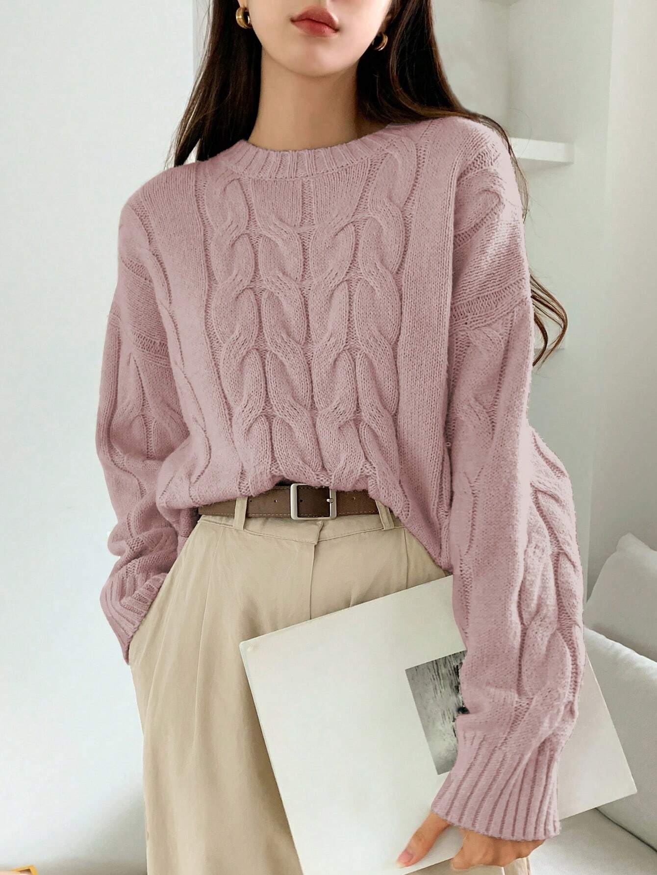 DAZY Solid Cable Knit Drop Shoulder Sweater