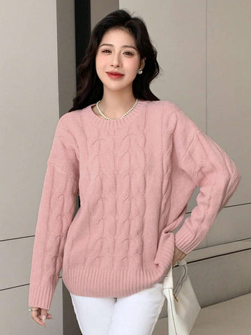 DAZY Solid Cable Knit Drop Shoulder Sweater