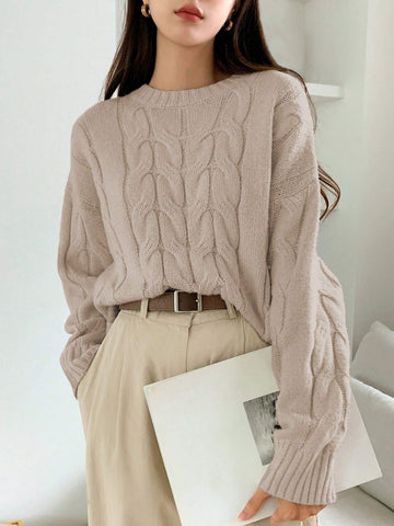 DAZY Solid Cable Knit Drop Shoulder Sweater