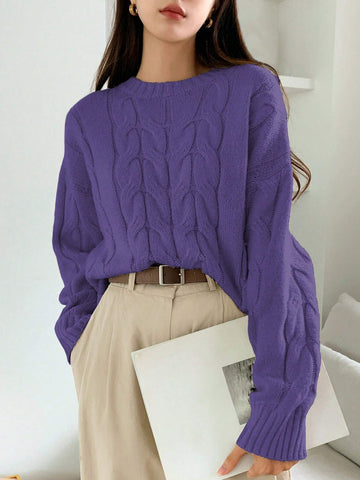 DAZY Solid Cable Knit Drop Shoulder Sweater