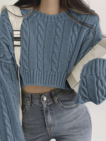 DAZY Solid Drop Shoulder Cable Knit Crop Sweater