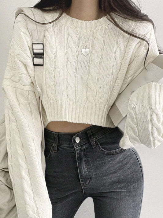 DAZY Solid Drop Shoulder Cable Knit Crop Sweater