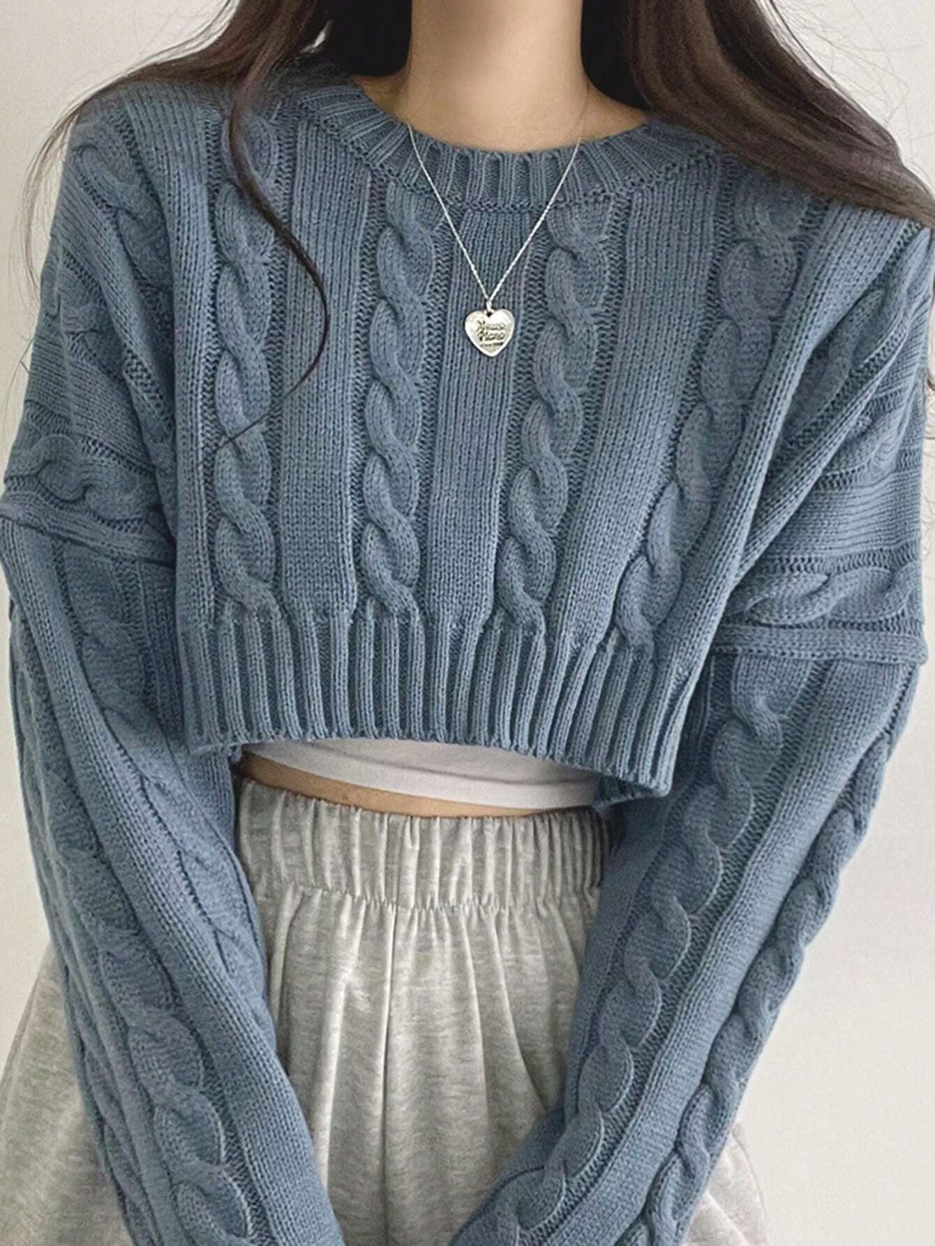 DAZY Solid Drop Shoulder Cable Knit Crop Sweater