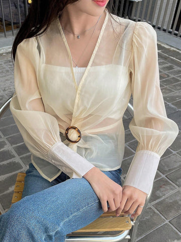 DAZY Solid Ring Linked Sheer Mesh Blouse Without Tube Top