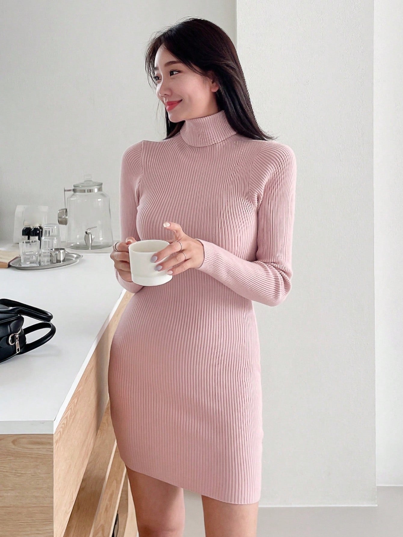 DAZY Turtleneck Ribbed Knit Bodycon Sweater Dress