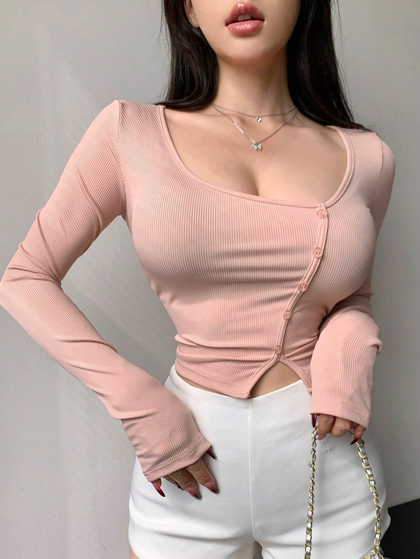 DAZY Women's Solid Color Asymmetric Collar Cut Short Long Sleeve T-Shirt