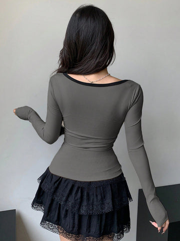 DAZY New Colorblock Tied Bow Decor Slim Fit Women T-Shirt