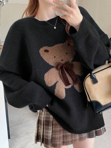 DAZY Women's Casual Crew Neck Cartoon Bear Pattern Sweater