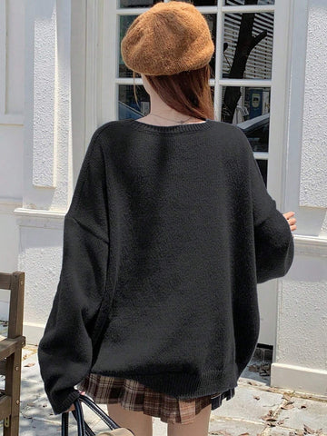 DAZY Women's Casual Crew Neck Cartoon Bear Pattern Sweater