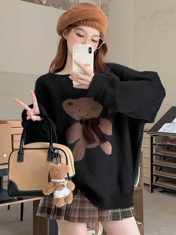 DAZY Women's Casual Crew Neck Cartoon Bear Pattern Sweater