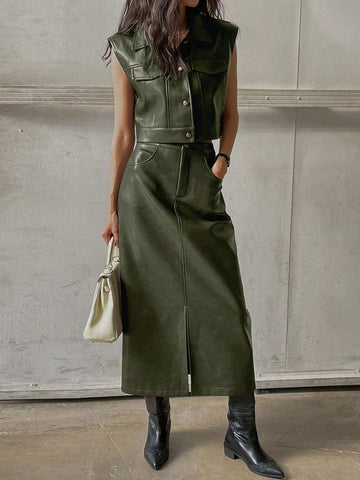 Women Front Button Pocket Blouse And PU Skirt