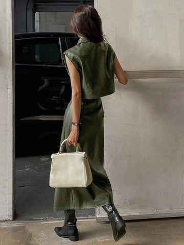 Women Front Button Pocket Blouse And PU Skirt