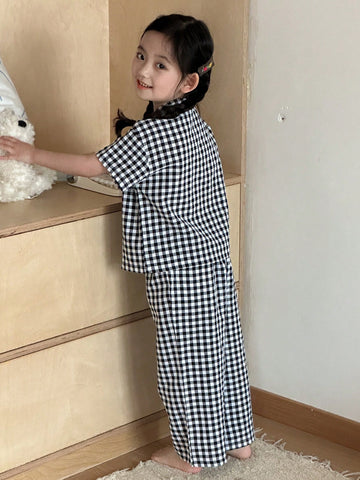 Dazy Kids Young Girl Plaid Short Sleeve Pants Home Wear Set