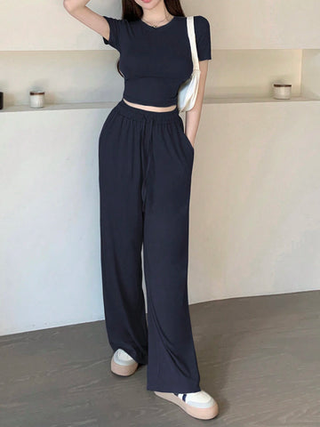 2pcs Women's Casual Plain Crew Neck Short Sleeve Top And Pants
