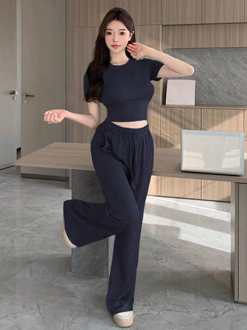 2pcs Women's Casual Plain Crew Neck Short Sleeve Top And Pants