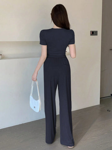 2pcs Women's Casual Plain Crew Neck Short Sleeve Top And Pants