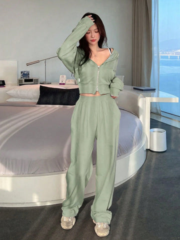 Women Casual Zipper Front Jacket And Wide Leg Pants Set