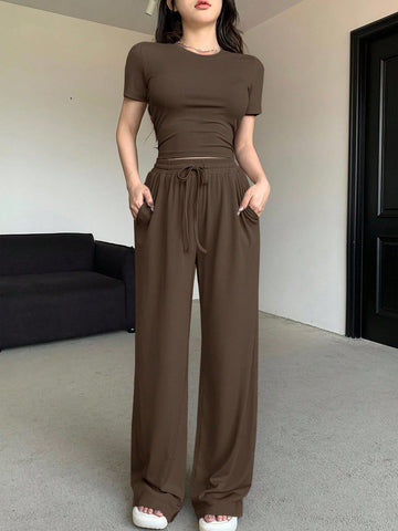 2pcs Women's Casual Plain Crew Neck Short Sleeve Top And Pants