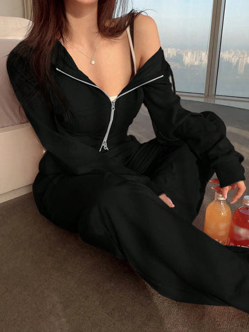 Women Casual Zipper Front Jacket And Wide Leg Pants Set