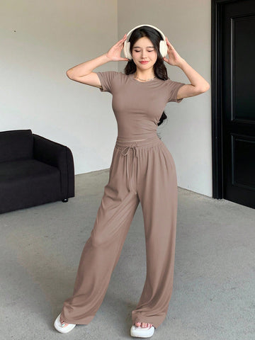 2pcs Women's Casual Plain Crew Neck Short Sleeve Top And Pants
