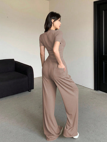 2pcs Women's Casual Plain Crew Neck Short Sleeve Top And Pants