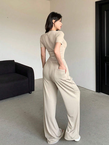 2pcs Women's Casual Plain Crew Neck Short Sleeve Top And Pants