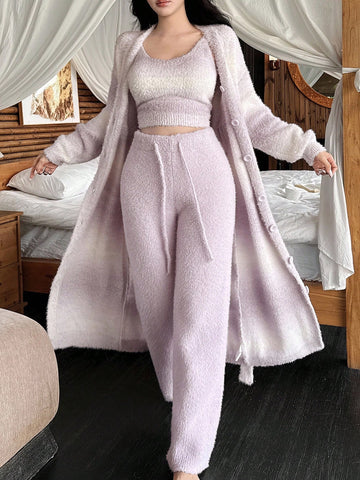 3pcs Loose Fit Long Robe, Sleeveless Tank Top And Loose Fit Pants