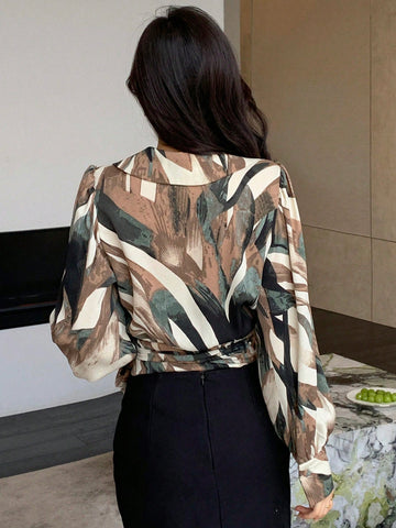 DAZY Allover Print Knot Side Wrap Blouse