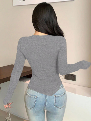 DAZY Asymmetric Design Fitted Long Sleeve Women T-Shirt