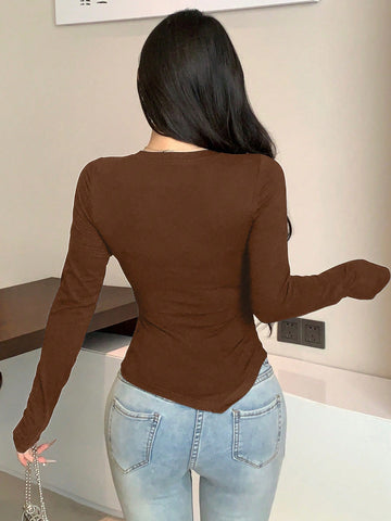 DAZY Asymmetric Design Fitted Long Sleeve Women T-Shirt