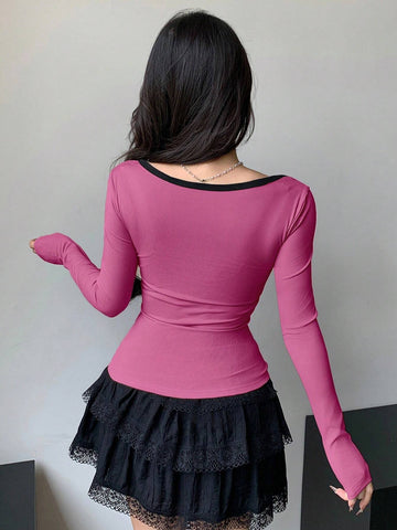 DAZY New Colorblock Tied Bow Decor Slim Fit Women T-Shirt