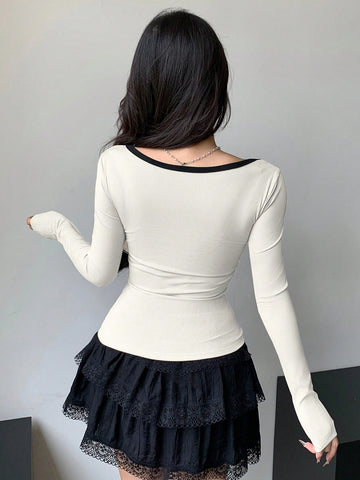 DAZY New Colorblock Tied Bow Decor Slim Fit Women T-Shirt