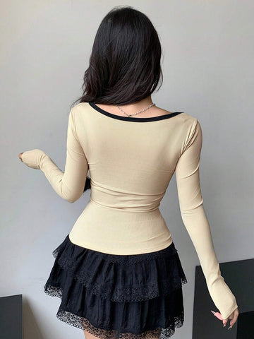 DAZY New Colorblock Tied Bow Decor Slim Fit Women T-Shirt
