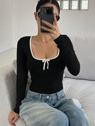 New Ballet Style Bowknot Slim Fit Women T-Shirt