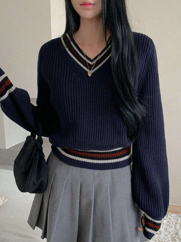 DAZY Casual Color Block V-Neck Sweater