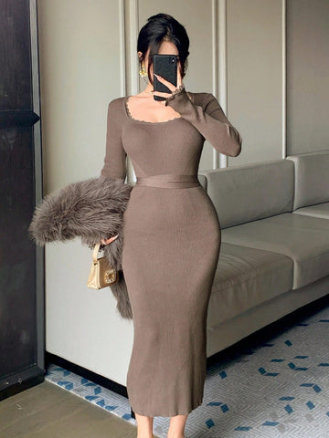 Solid Color Fitted Waist Tie Waist Lace Patchwork Flare Sleeve Women Sweater Dress