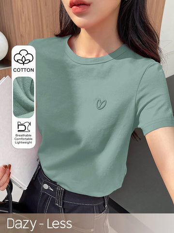 DAZY Solid Color Embroidered Heart Short Sleeve T-Shirt