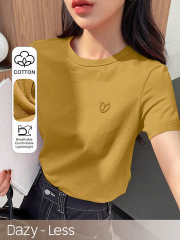 DAZY Solid Color Embroidered Heart Short Sleeve T-Shirt
