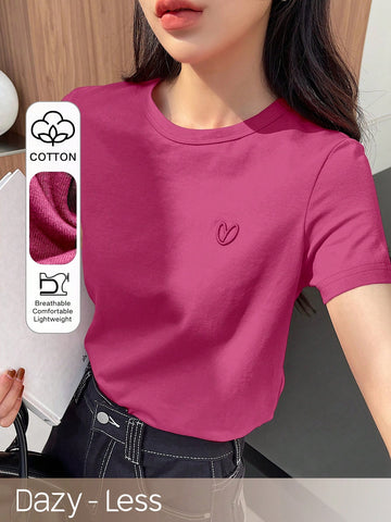 DAZY Solid Color Embroidered Heart Short Sleeve T-Shirt