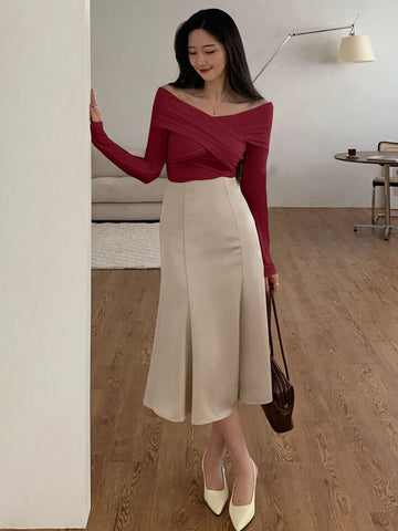 DAZY Solid Off Shoulder Cross Wrap Tee