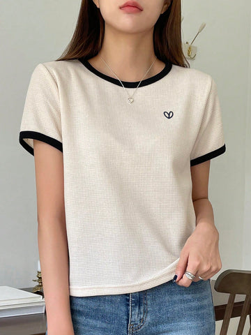 DAZY Casual Simple Contrast Trim Round Neck Short Sleeve T-Shirt