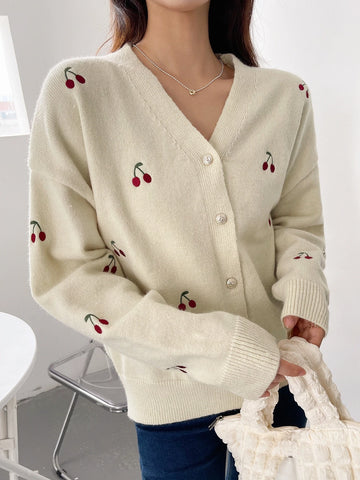 DAZY Cherry Embroidery Drop Shoulder Cardigan