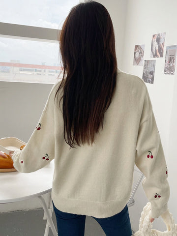 DAZY Cherry Embroidery Drop Shoulder Cardigan