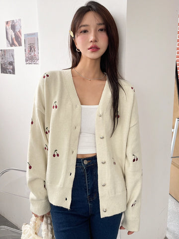DAZY Cherry Embroidery Drop Shoulder Cardigan
