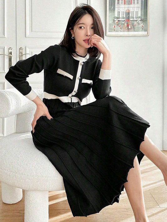 DAZY Color Block Crew Neck Midi Knitted Sweater Dress