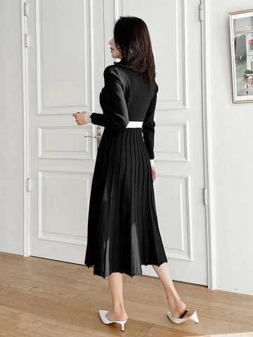 DAZY Color Block Crew Neck Midi Knitted Sweater Dress