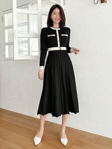 DAZY Color Block Crew Neck Midi Knitted Sweater Dress