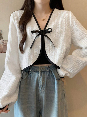 DAZY Contrast Binding Tie Front Crop Jacket