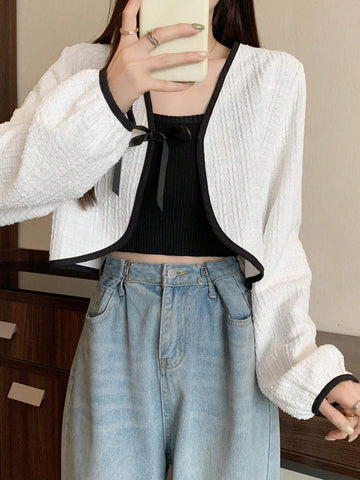 DAZY Contrast Binding Tie Front Crop Jacket