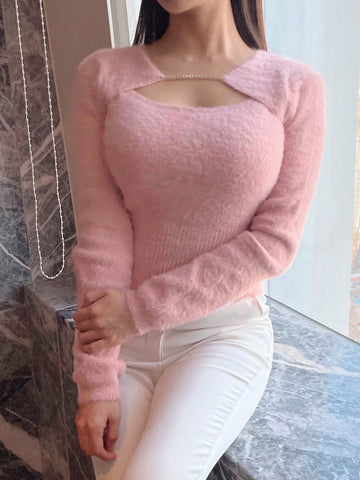 DAZY Cut Out Front Fluffy Knit Sweater,Long Sleeve Tops